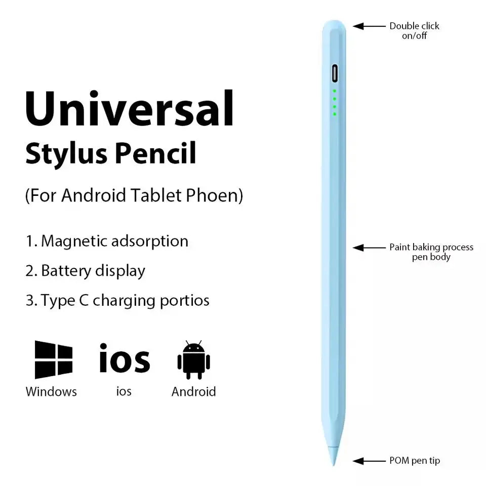 Langer, schlanker Stift mit Doppelklick-Funktion und Kompatibilitäts-Icons für Android, iOS und Windows