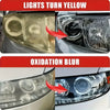 Comparison showing car headlights before and after restoration, highlighting yellowing and oxidation blur.