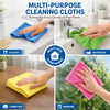Hands cleaning a kitchen counter with a blue cloth, a bathroom surface, and a yellow cloth on a wooden table.