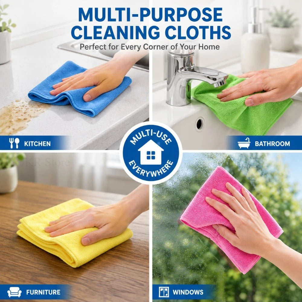 Hands cleaning a kitchen counter with a blue cloth, a bathroom surface, and a yellow cloth on a wooden table.