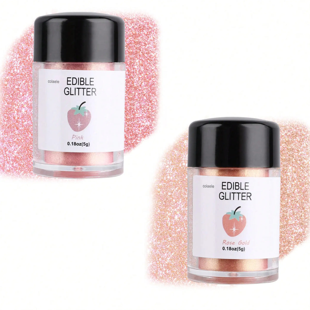 Two glass jars of edible glitter powder, one pink and one rose gold, for baking and dessert decoration.