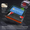 A black carbon fiber wallet is shown with a blue RFID-blocking credit card inside, next to an RFID blocking device.