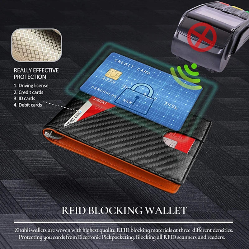 A black carbon fiber wallet is shown with a blue RFID-blocking credit card inside, next to an RFID blocking device.