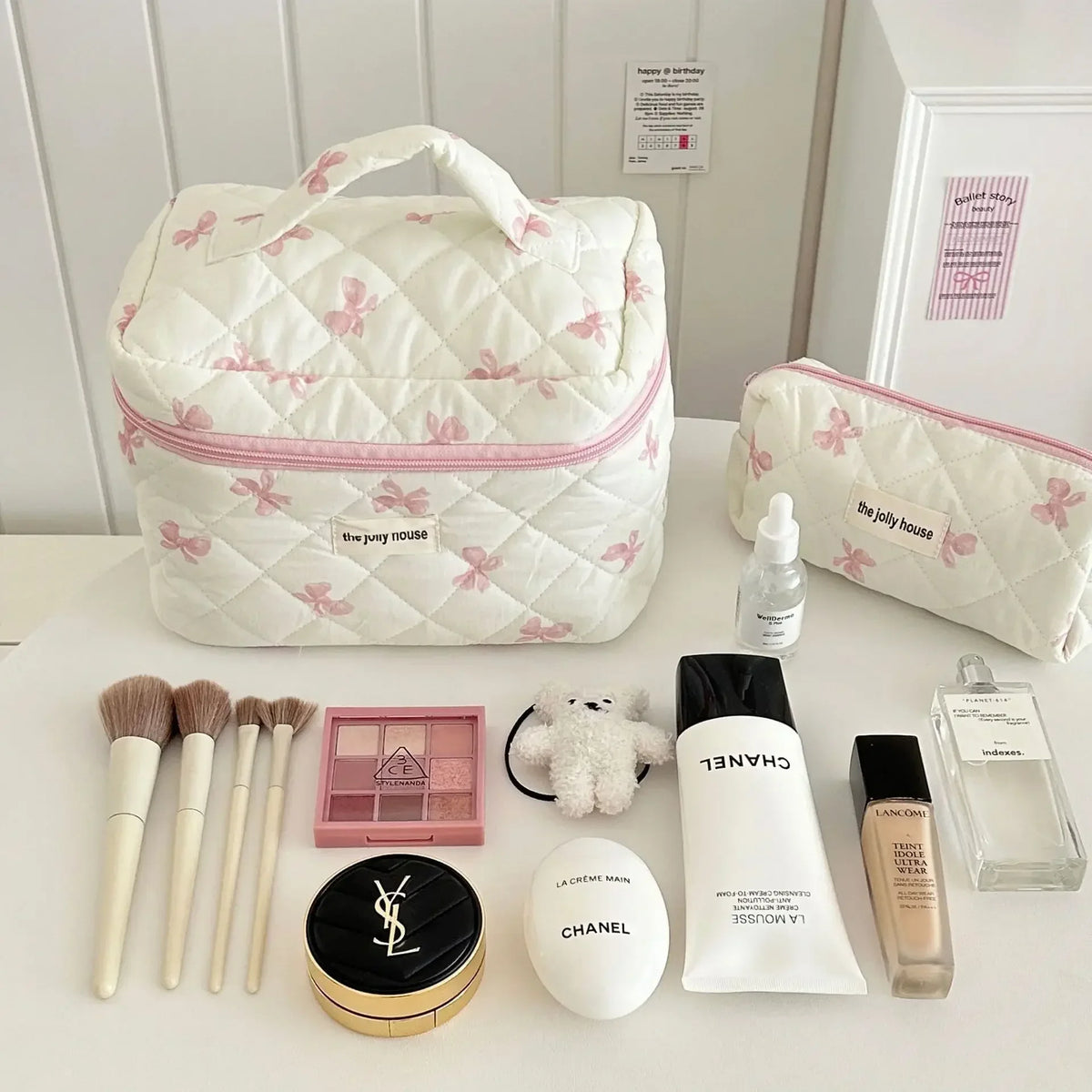 Bow Print Makeup Bag with Large Capacity