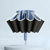 A fully automatic reverse-folding windproof umbrella with UV protection shown in a dark gray and light blue color scheme.