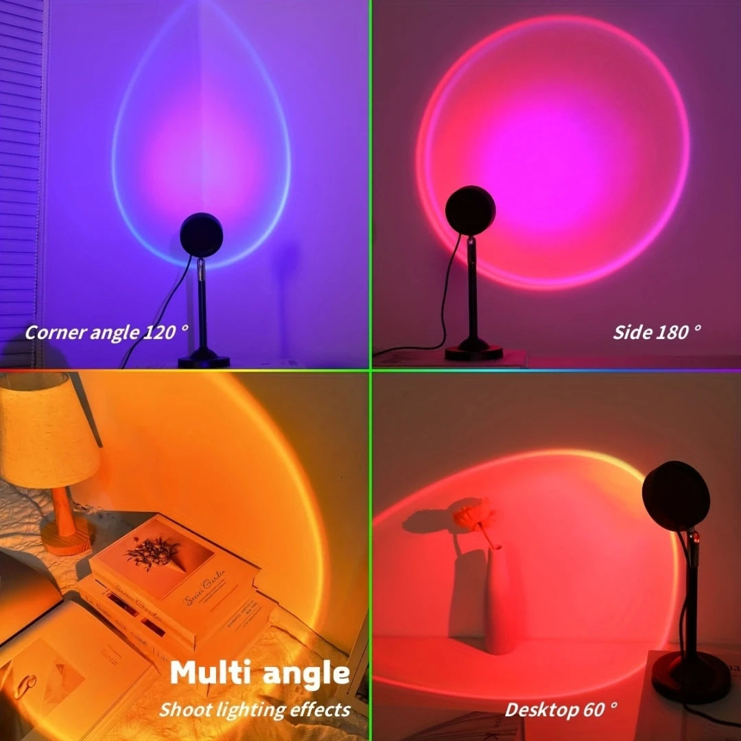 Sunset lamp projector showing lighting effects from corner, side, multi-angle, and desktop angles.