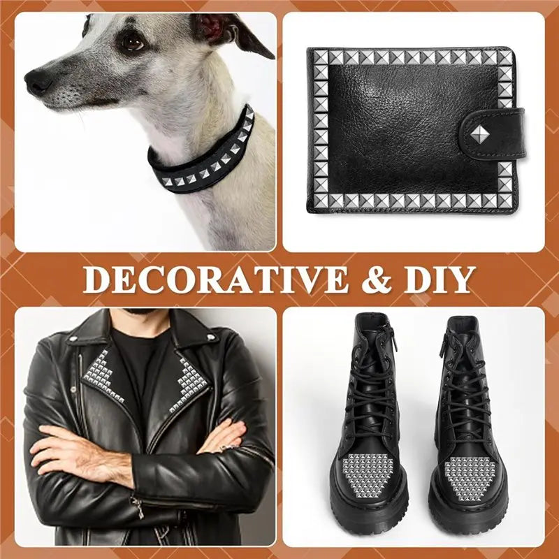 A black leather jacket and a pair of black combat boots featuring silver metal pyramid studs.