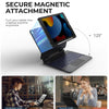 A laptop is magnetically attached to an iPad, demonstrating a secure magnetic attachment feature for portability.