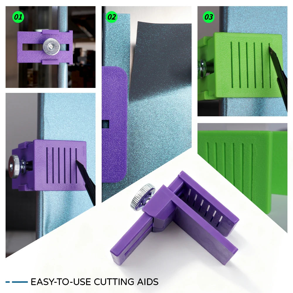 A set of purple and green precision vinyl cutting tools and aids for precise cutting.
