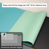 A light mint green premium PU leather desk mat shown in a close-up, displaying various size options.