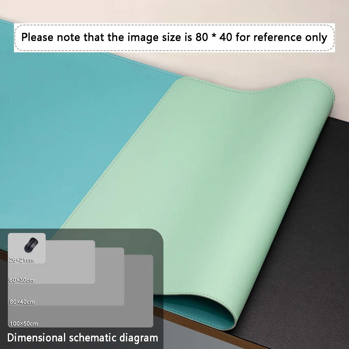 A light mint green premium PU leather desk mat shown in a close-up, displaying various size options.