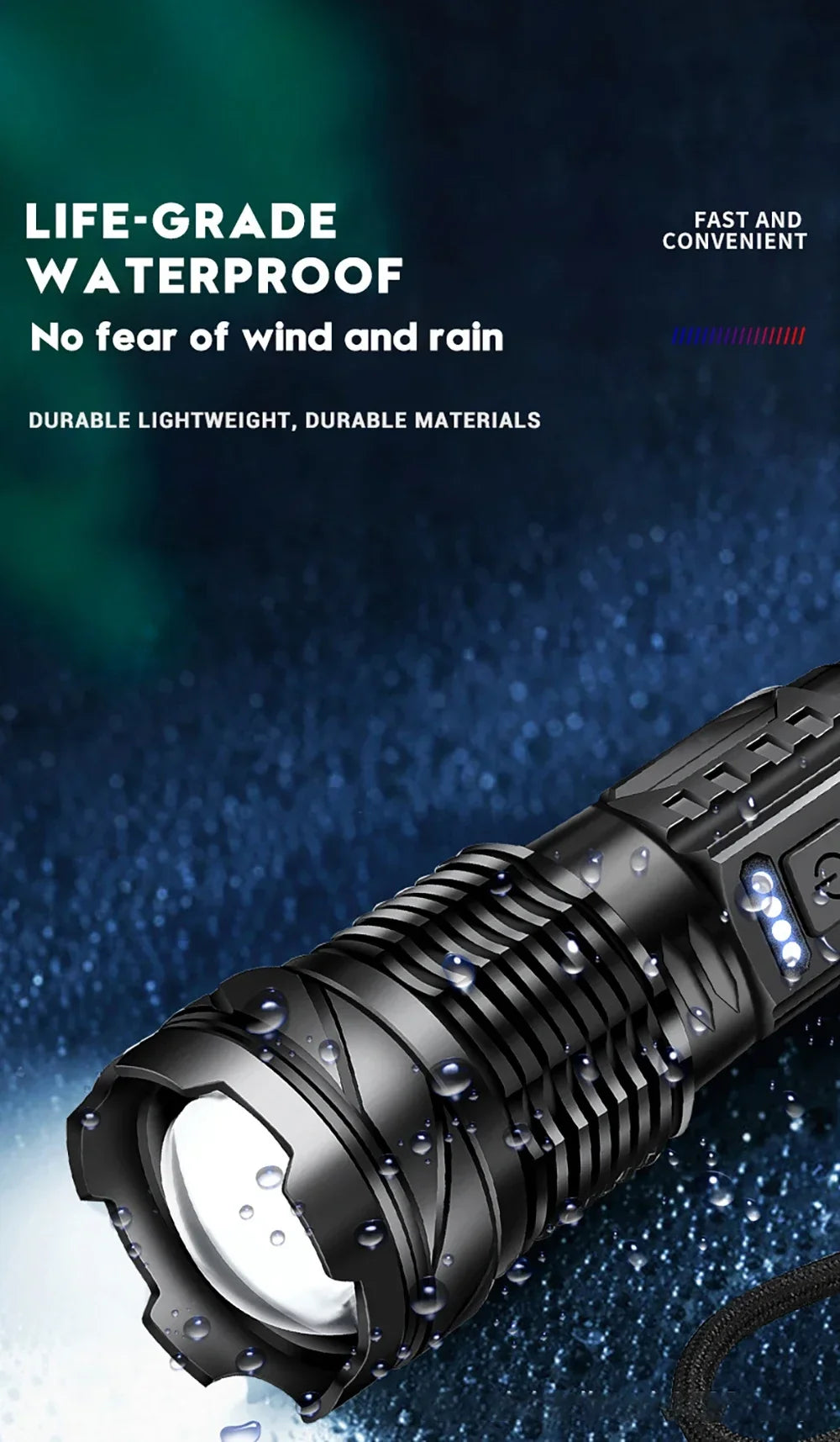 Close-up view of a black solar flood light with a detachable panel, showing water droplets on the surface.