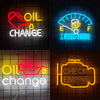 Four neon signs depicting oil change, engine check, and oil change concepts for garage decor.
