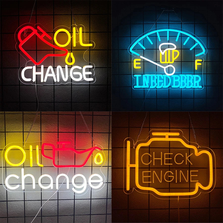 Four neon signs depicting oil change, engine check, and oil change concepts for garage decor.