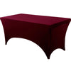 A deep burgundy stretchable spandex tablecloth covering a rectangular table.