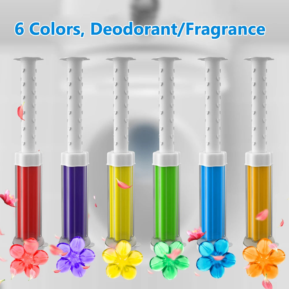 Six colorful floral gel deodorizer tablets displayed vertically, showing various scents and colors.
