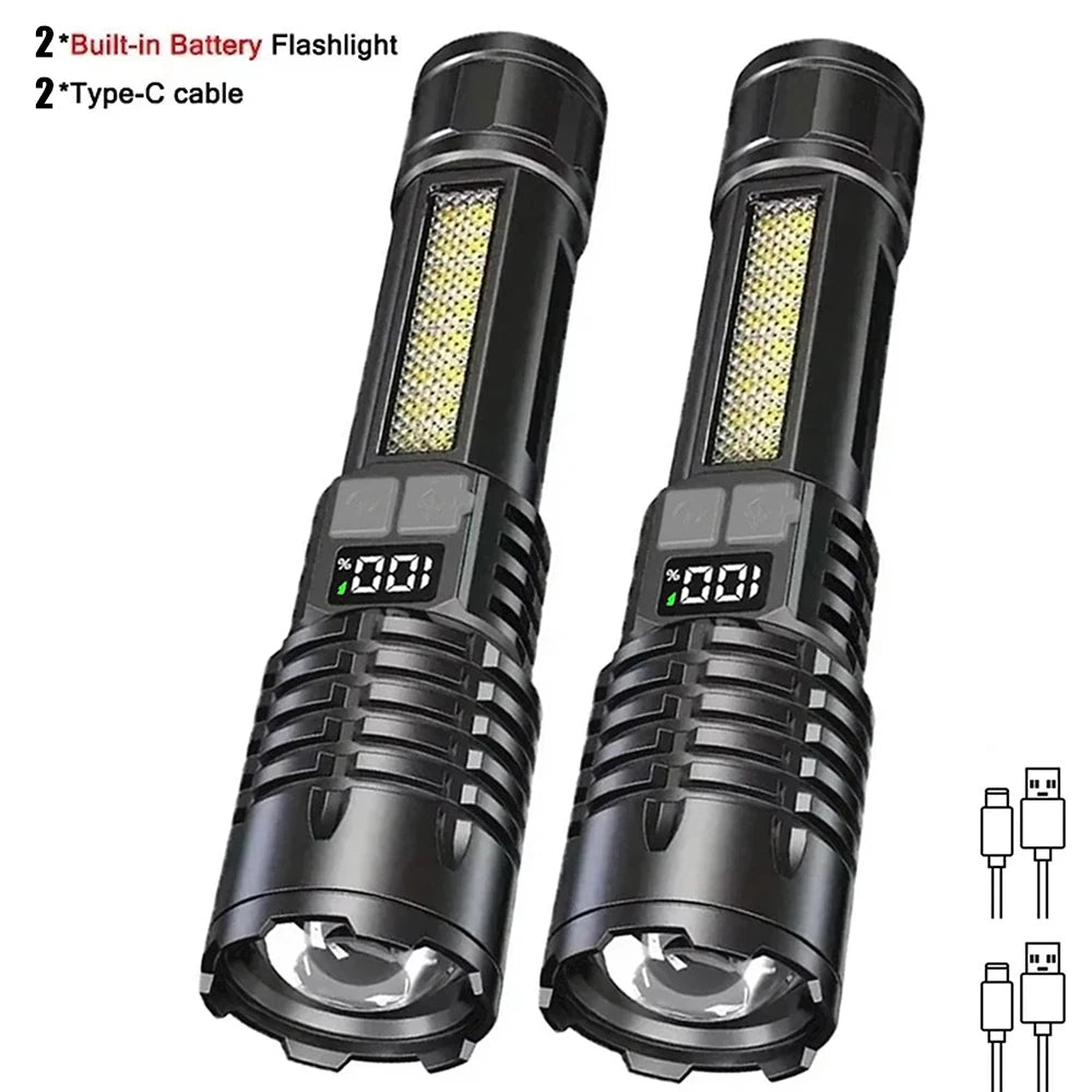 Two black LED flashlights with Type-C cables and battery indicators shown side by side