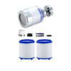 A silver kitchen faucet water filter assembly with a rotating head and splash guard, along with replacement filter cartridges