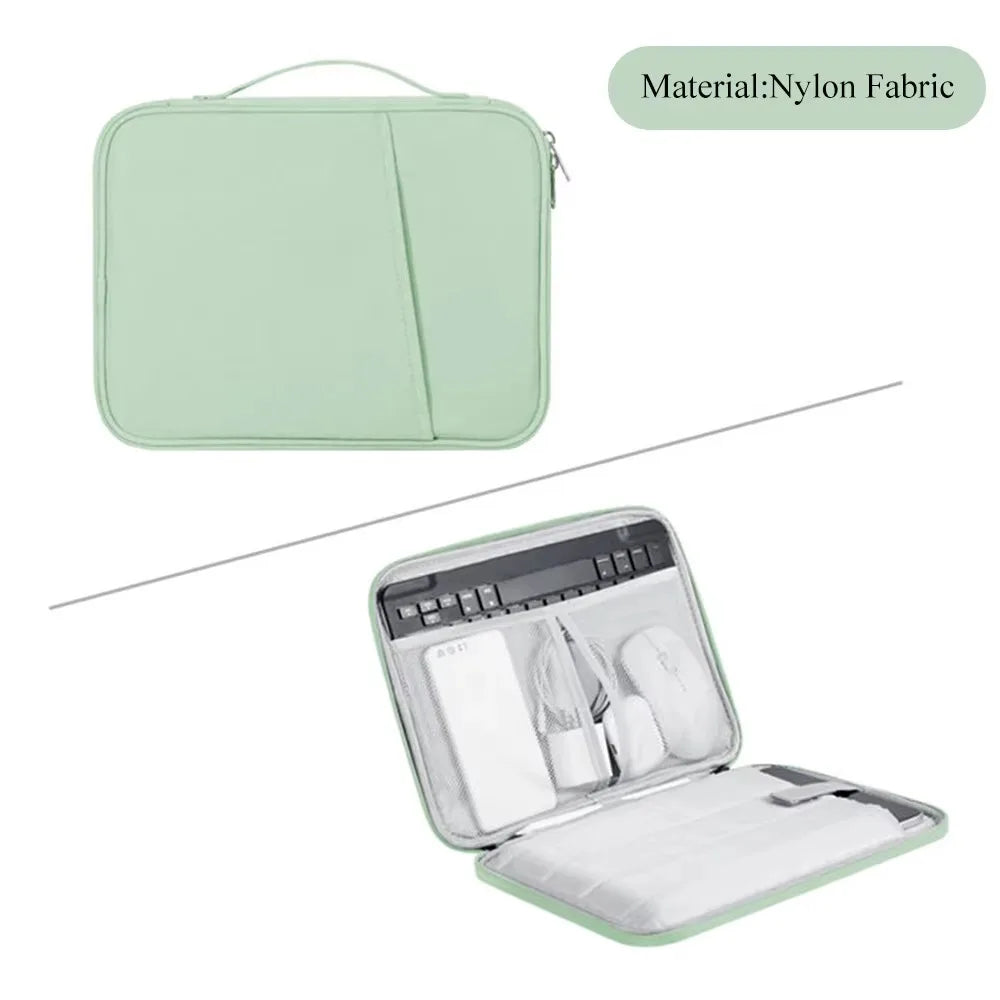 A light green nylon fabric padded laptop sleeve bag with a zippered compartment and an open interior showing various accessor