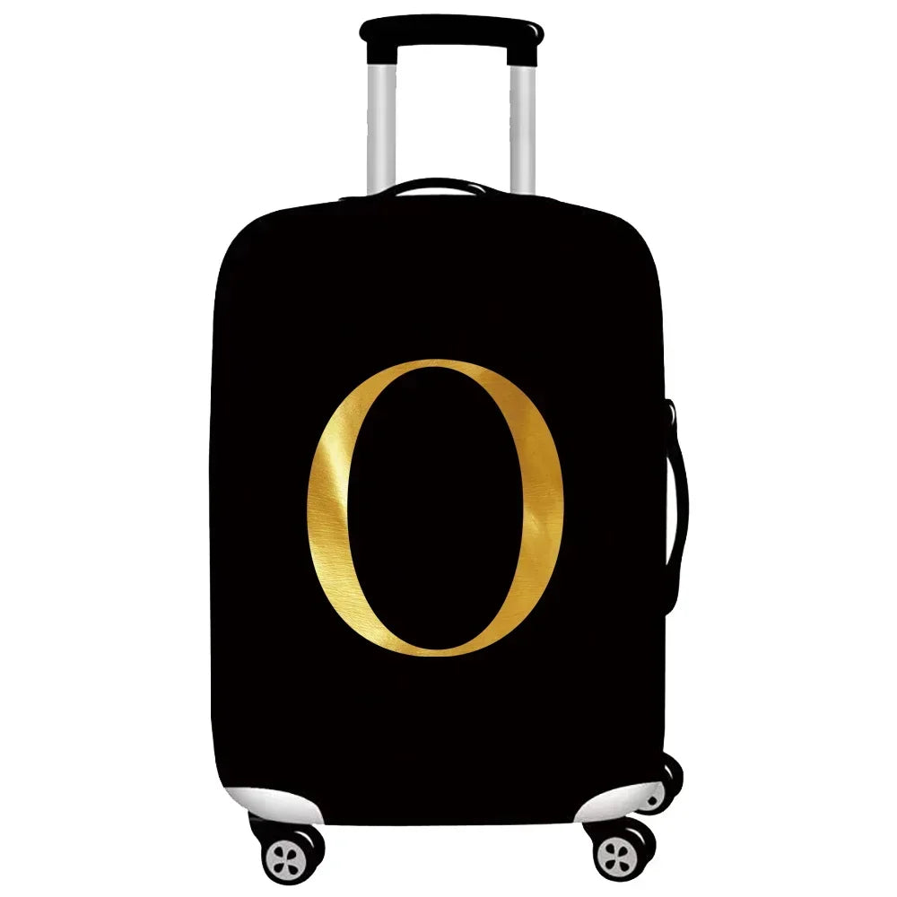 Black rolling suitcase with a gold letter O print and a black handle