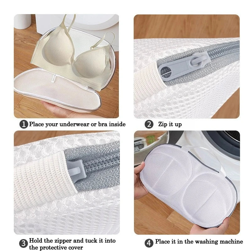 Instructions showing how to place underwear inside a protective mesh laundry bag and put it in a washing machine