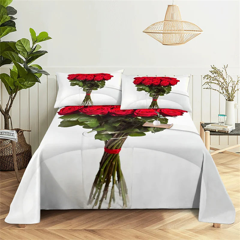 White bedding set featuring a large red rose print on the duvet cover.