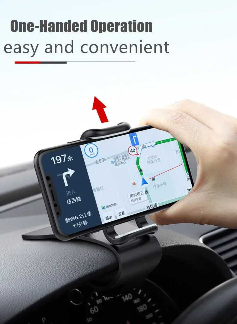 A hand is using a one-handed operation car phone mount to hold a smartphone displaying a map.