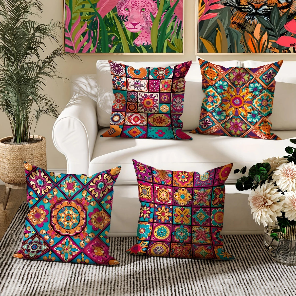 Boho Chic Mandala Pillow Covers Set of 4 – Colorful Decorative Cushion Covers for Indoor & Outdoor Use
