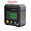 A black inclinometer device with a digital display showing 0.00 degrees and a magnetic base.