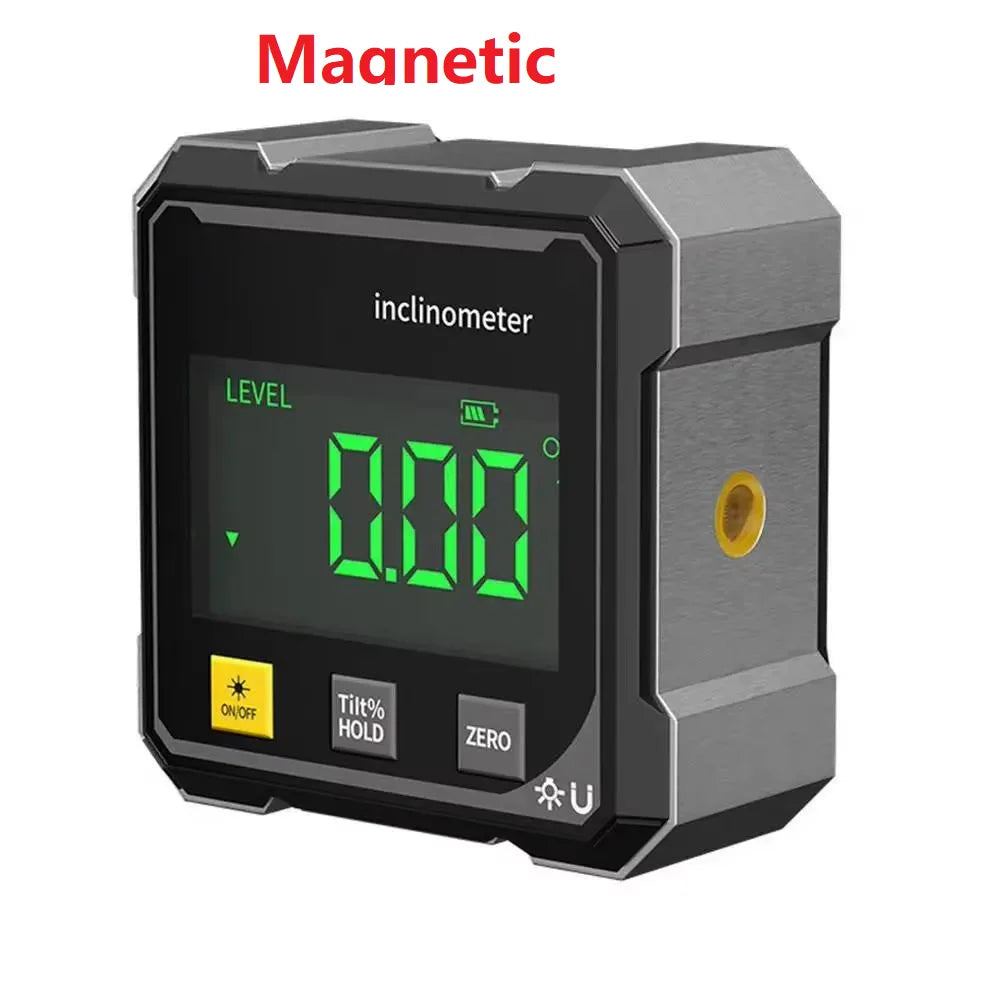 A black inclinometer device with a digital display showing 0.00 degrees and a magnetic base.