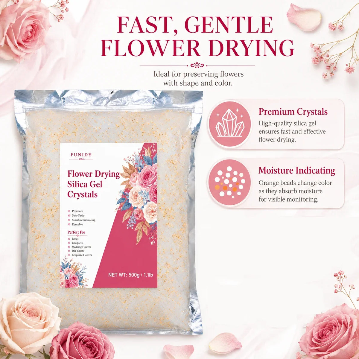 Bag of flower drying silica gel crystals with instructions and surrounding pink roses
