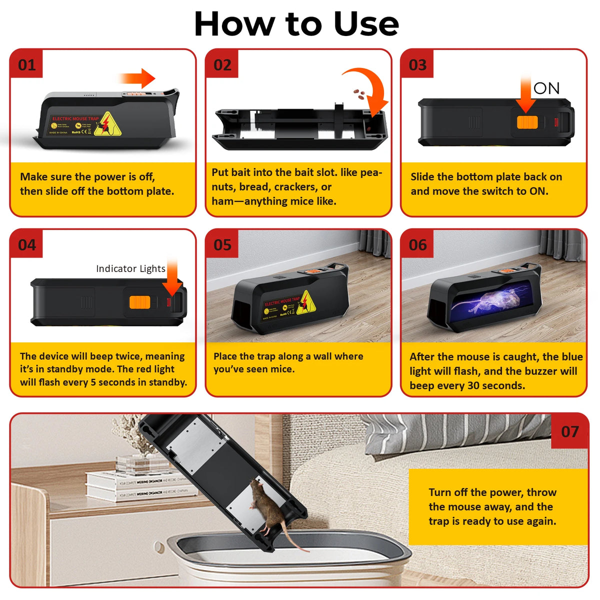 A seven-step guide showing how to use an electric mousetrap device for catching mice.