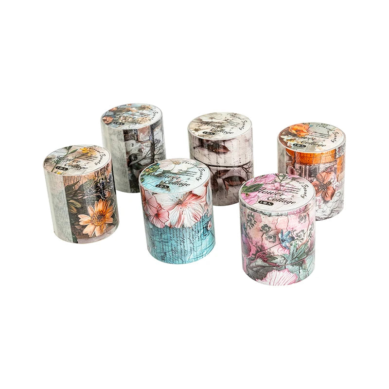 A collection of vintage botanical washi tape rolls featuring floral designs in various muted and vibrant colors.