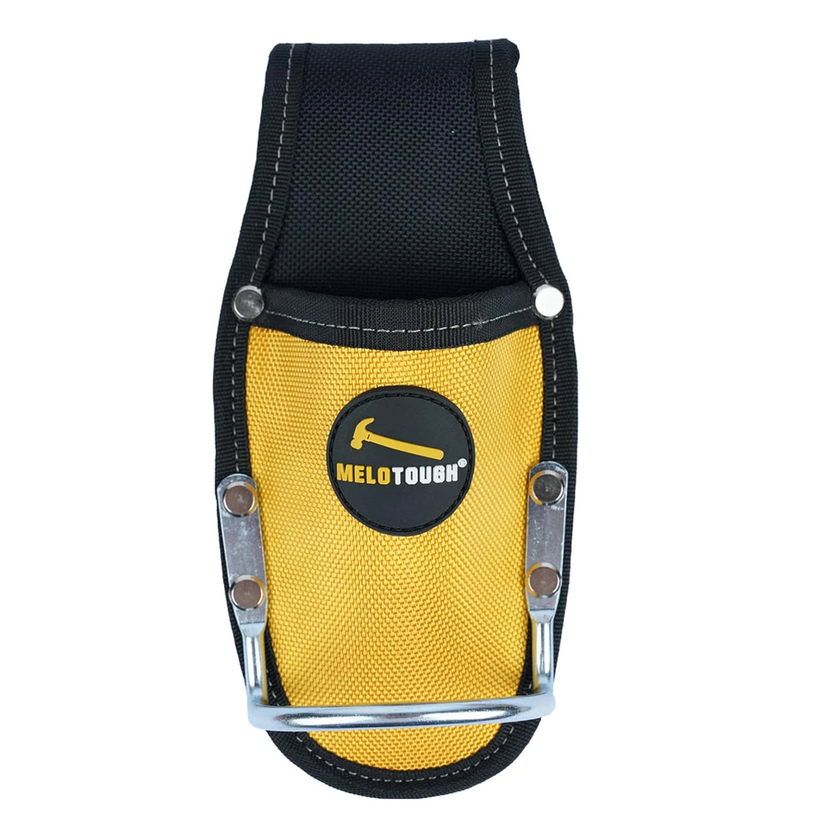 Black and yellow heavy-duty plier holster with a hammer loop for work belts