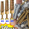 A collection of M5, M6, and M8 steel wall anchors and screws shown next to a hand.