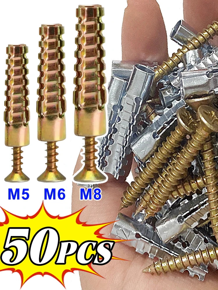 A collection of M5, M6, and M8 steel wall anchors and screws shown next to a hand.
