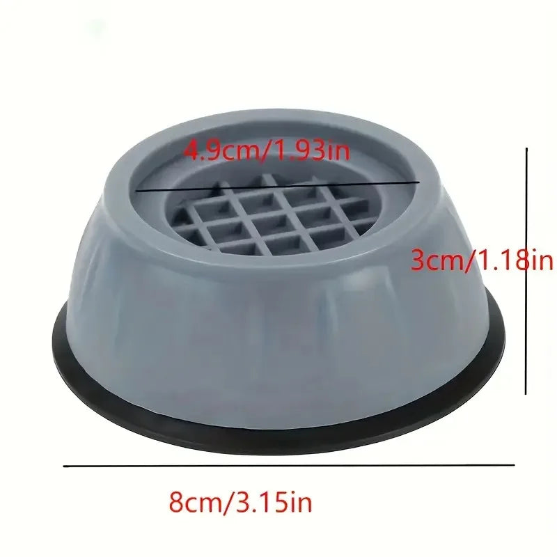 Gray anti-vibration pads with a grid design and mounting feet for washing machine or dryer.