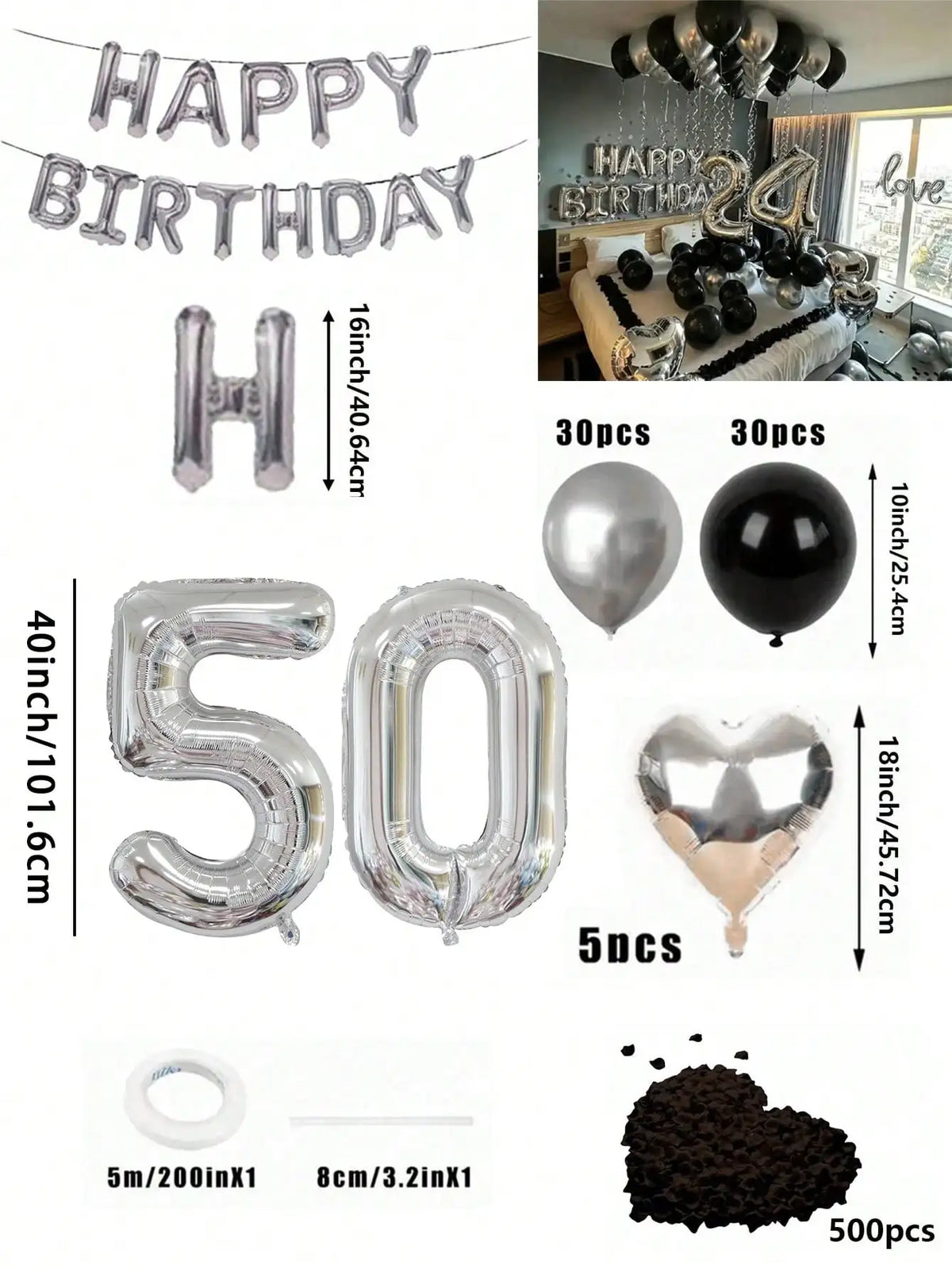 A kit for a balloon garland featuring silver and black foil numbers, including large numbers and heart shapes.