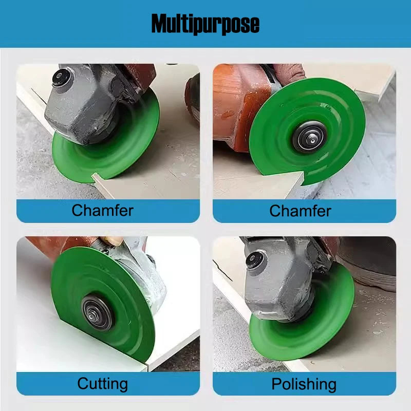 A multipurpose diamond cutting and grinding blade used for tile, stone, and glass work, shown in chamfering, cutting, and pol