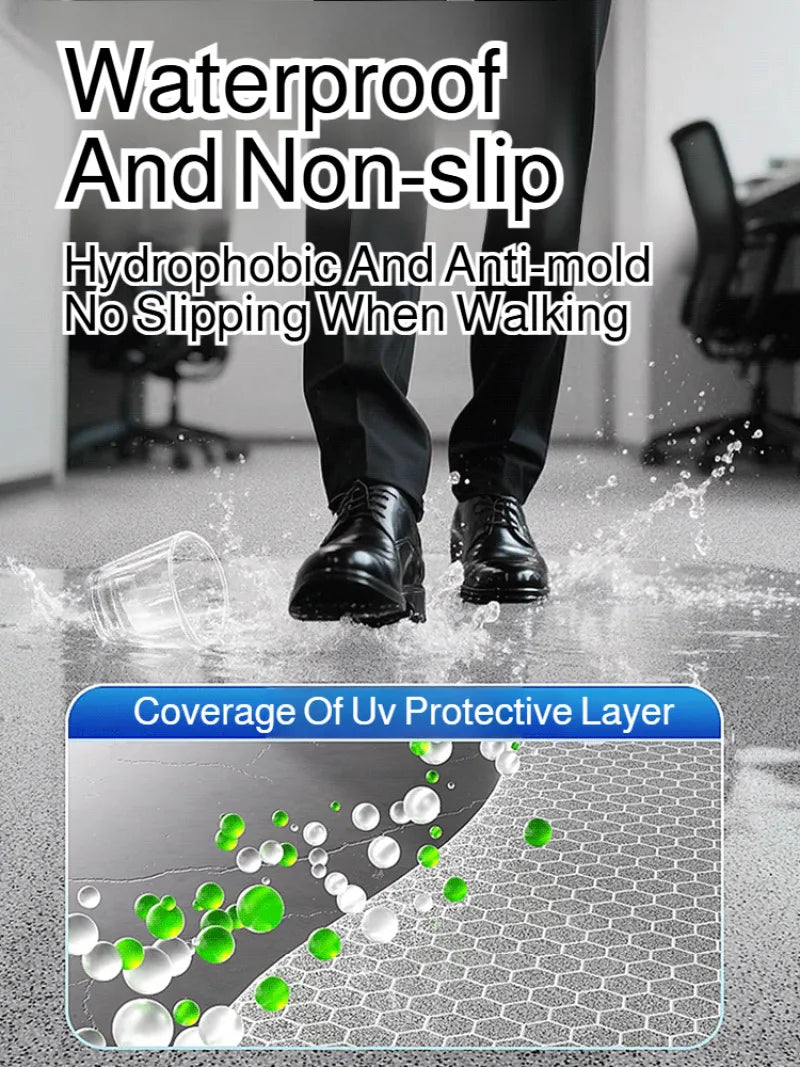 A person walking on a floor with a protective layer, demonstrating waterproof and non-slip features.