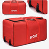 A red heavy-duty waterproof travel duffel bag shown in multiple views.