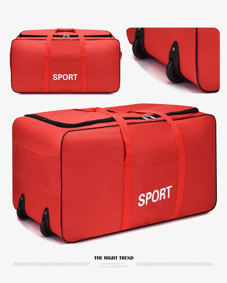 A red heavy-duty waterproof travel duffel bag shown in multiple views.