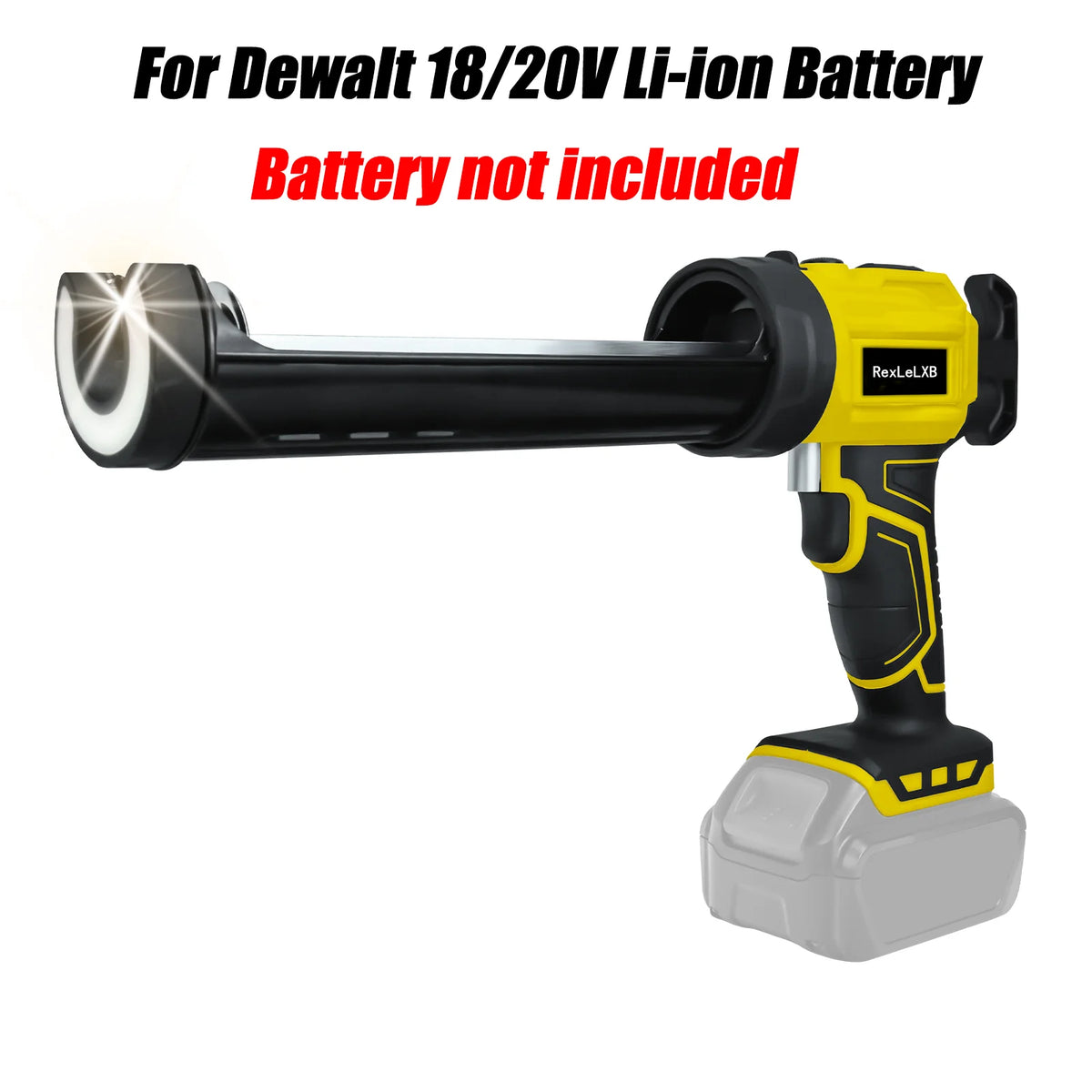 Yellow cordless electric caulking gun with a black handle and LED light, designed for Dewalt 18/20V Li-ion batteries.