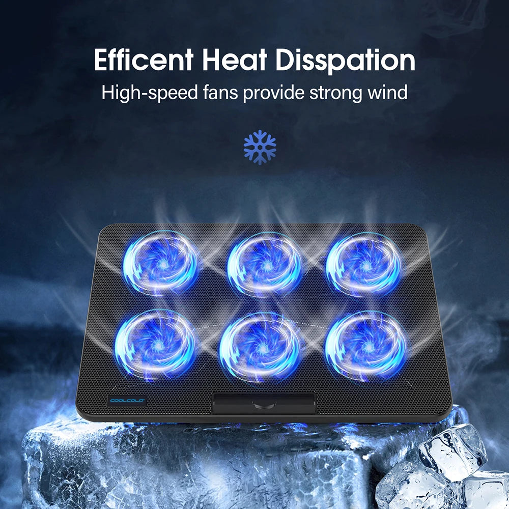 Un support de refroidissement d'ordinateur portable noir avec six ventilateurs bleus, émettant un fort effet de vent sur une 