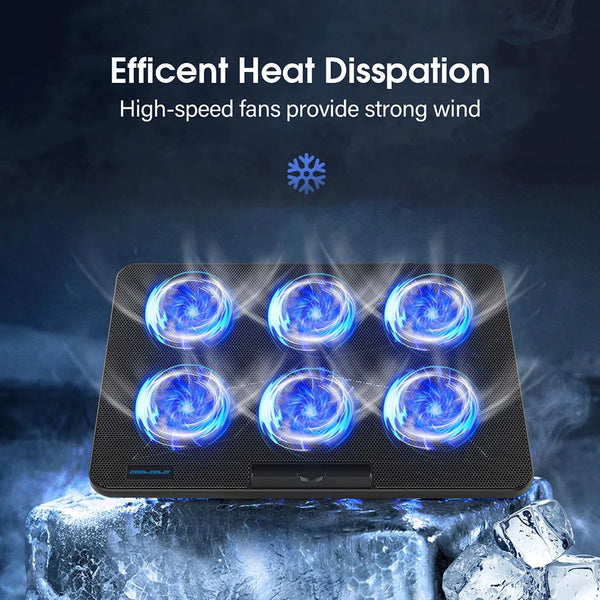 Un support de refroidissement d'ordinateur portable noir avec six ventilateurs bleus, émettant un fort effet de vent sur une 