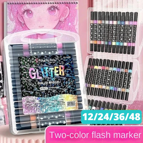 Set mit Doppelspitzen-Glitzer-Malern in verschiedenen Farben, verpackt in einem durchsichtigen Kunststoffbehälter.