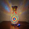 Handcrafted Turkish mosaic table lamp with warm LED glow featuring colorful glass pieces.