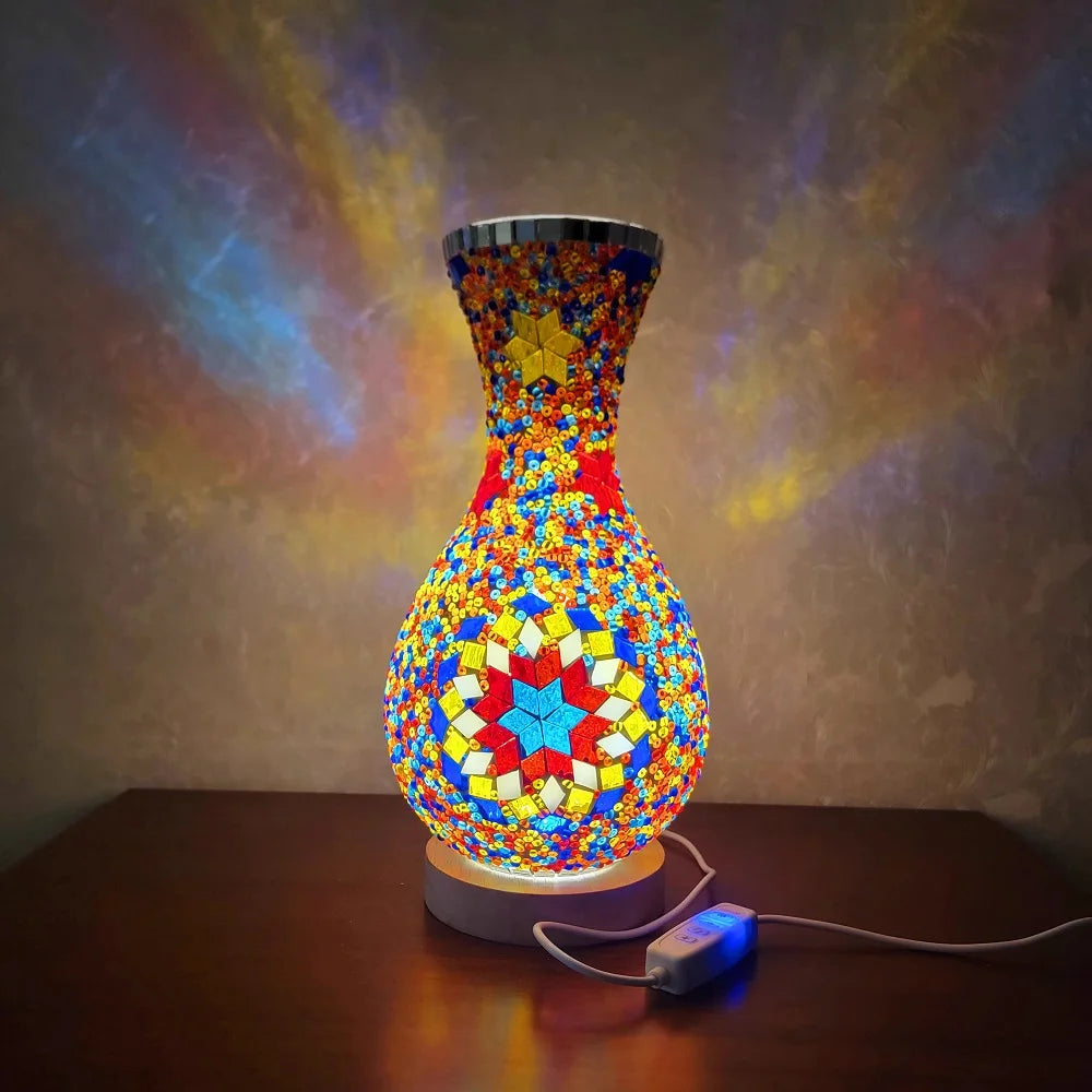 Handcrafted Turkish mosaic table lamp with warm LED glow featuring colorful glass pieces.