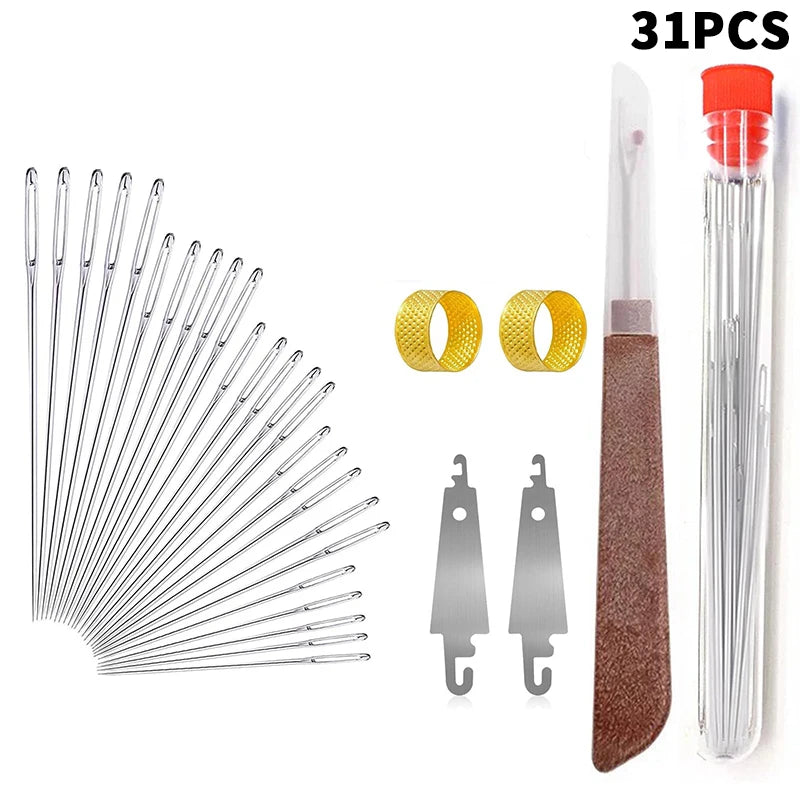 A set of 31 stainless steel sewing needles and a travel case with a protective sleeve.