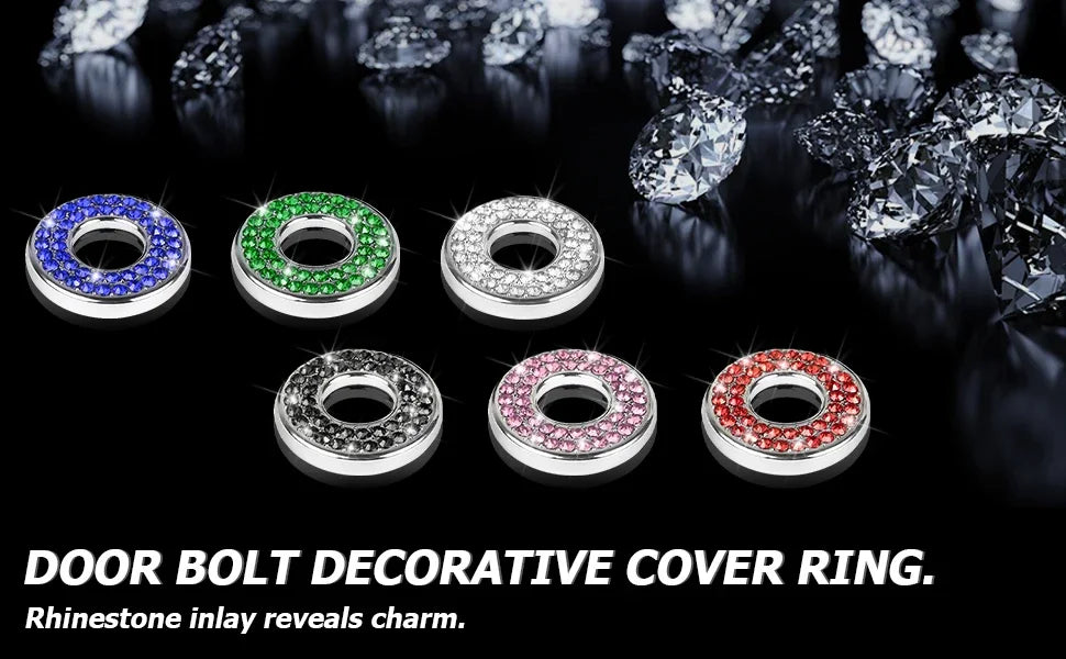 A set of four decorative door bolt cover rings featuring different colored rhinestones: blue, green, silver, and pink.